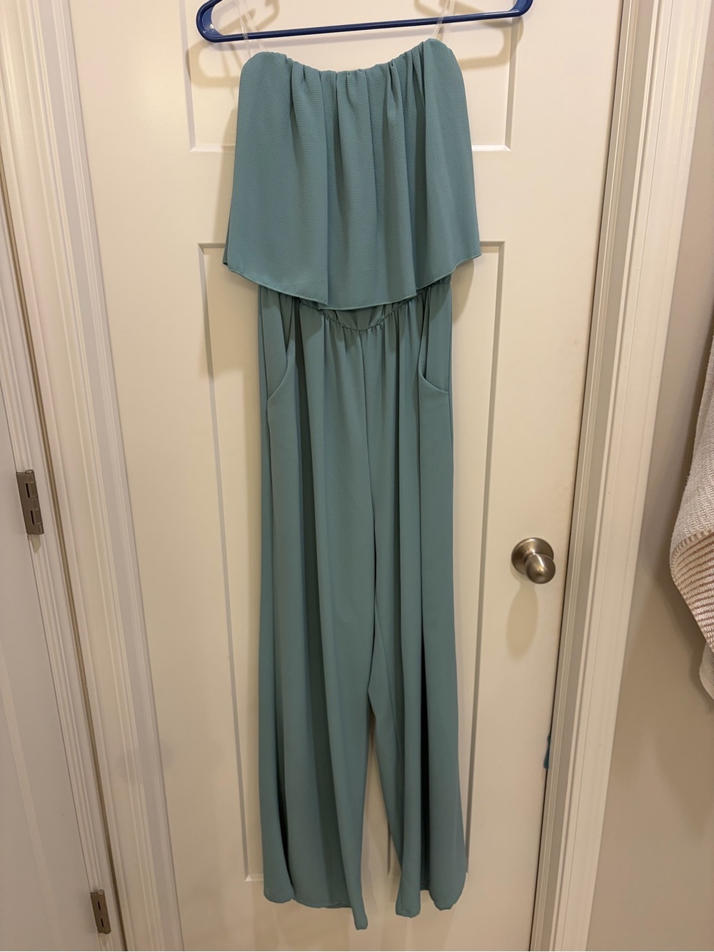 Tyche Strapless Wide-Leg Jumpsuit in Teal Blue